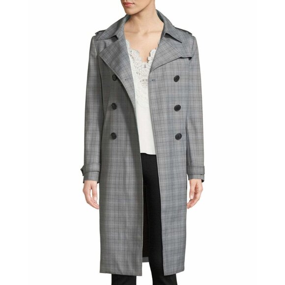 Elie Tahari Trench Coat Womens XL Gray Plaid Double Breasted Belted Jacket - Picture 8 of 10